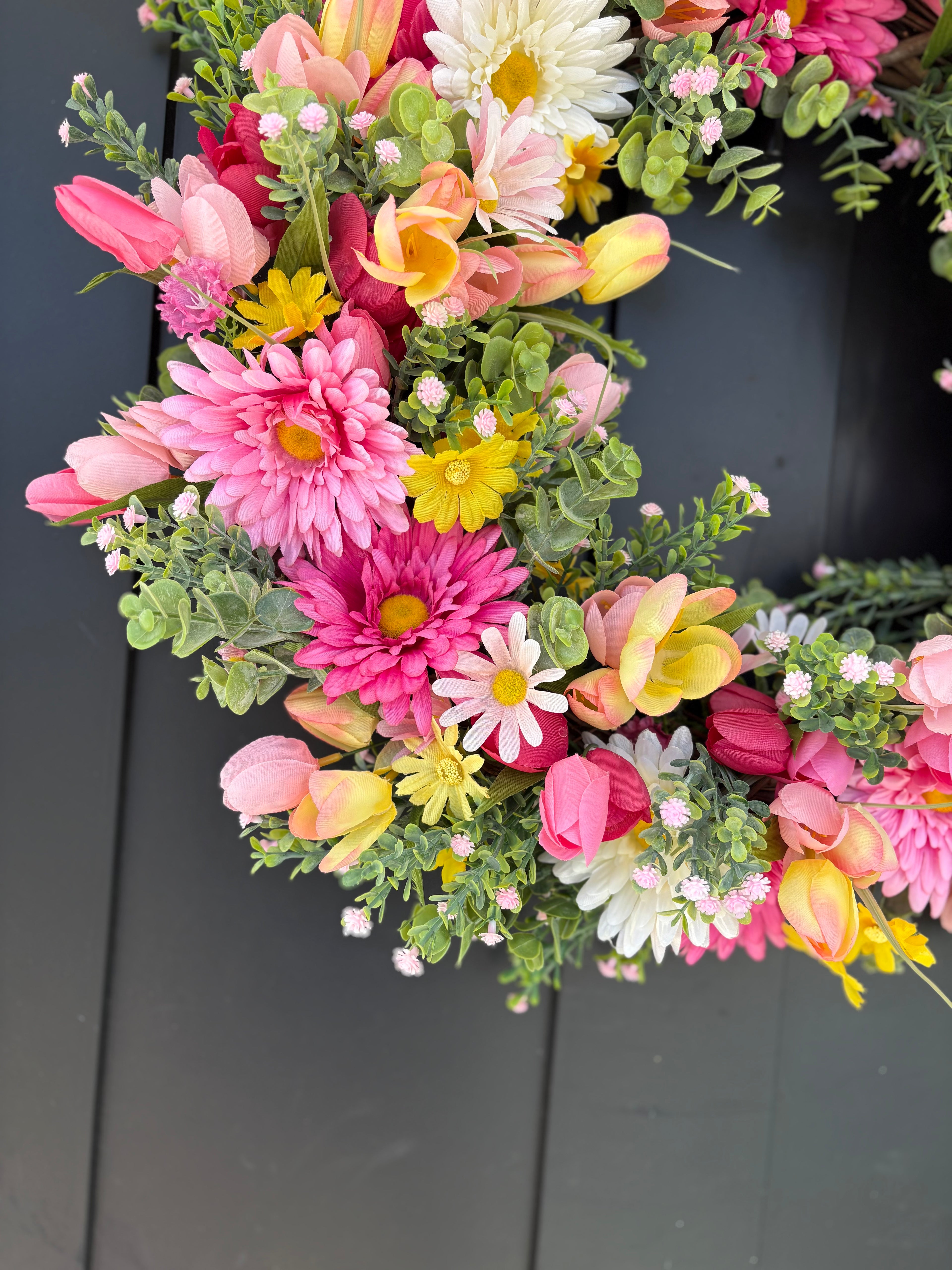 Easter Wreath with Daisies and Tulips Front Door for Spring, Artificial Flowers Eucalyptus