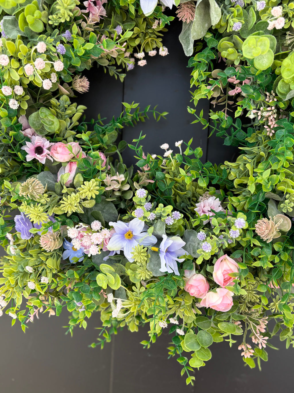 Cottagecore Wildflower Wreath for Front Door, Boxwood Eucalyptus Spring Mixed Greenery
