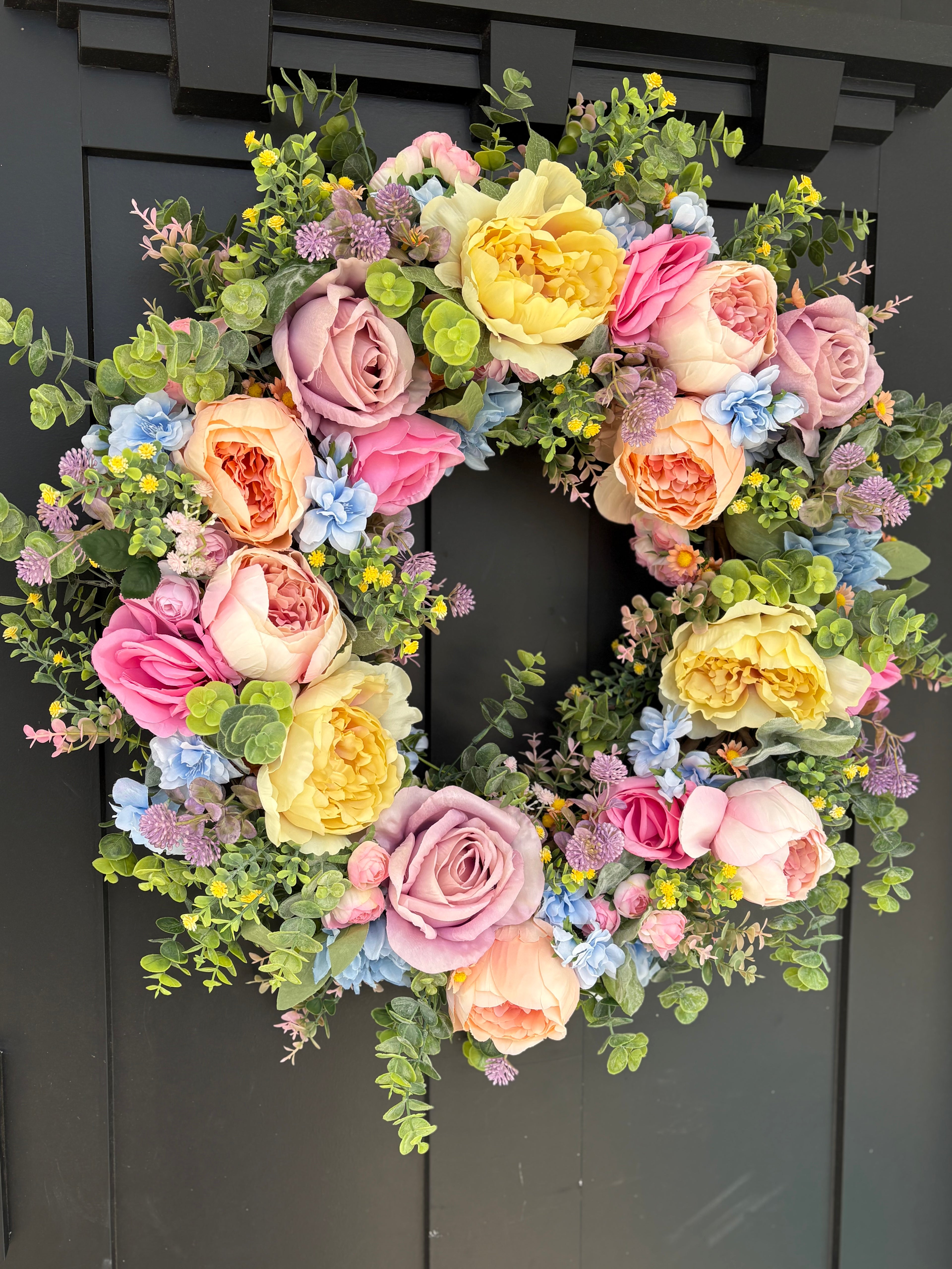 Front Door Wreath for Spring, Pastel Rainbow Artificial Flowers with Eucalyptus