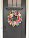 Pink Wreath with Teal, Rose Summer Door Decor, Interior Entryway Maximalist Styling