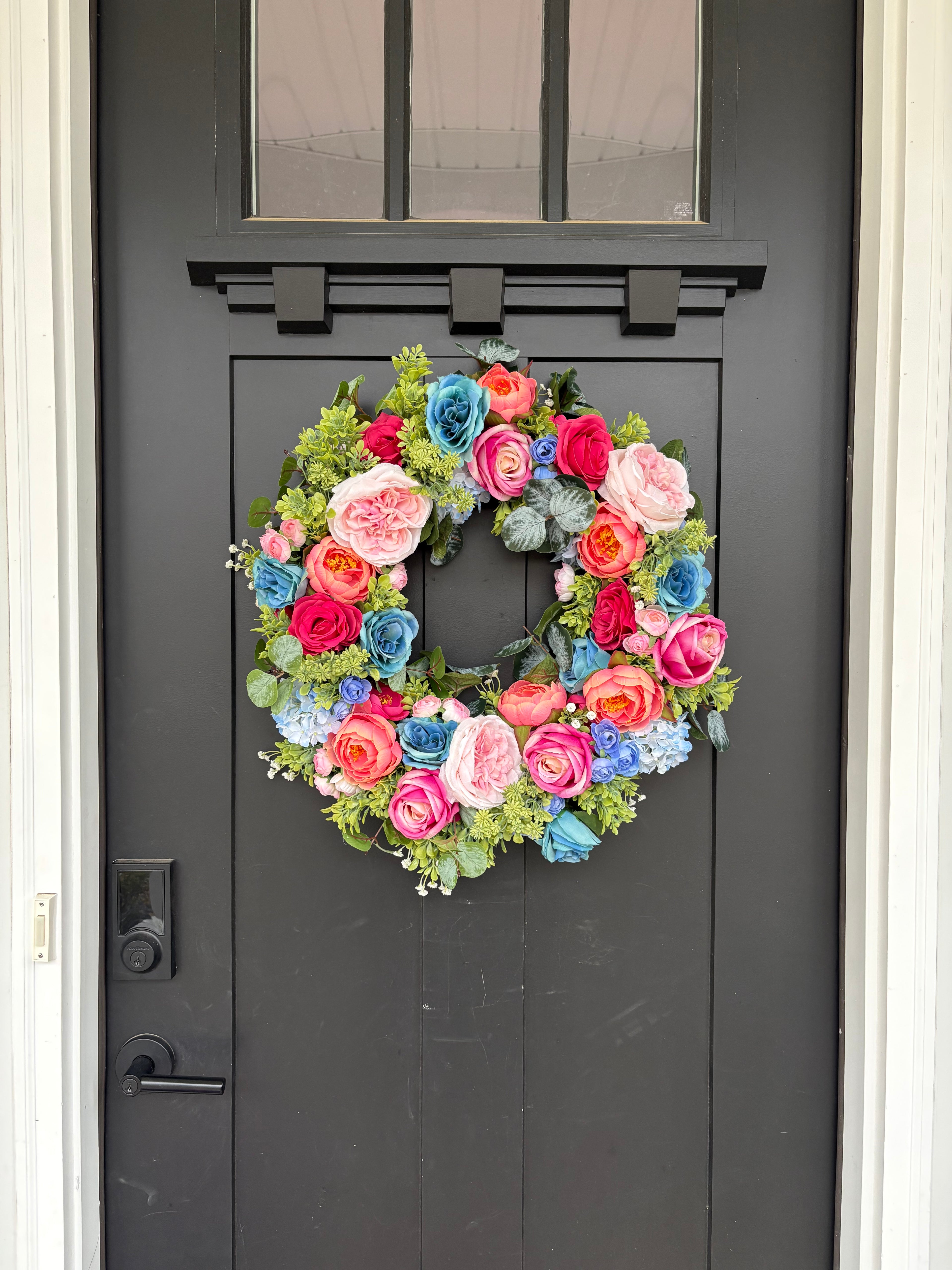 Pink Wreath with Teal, Rose Summer Door Decor, Interior Entryway Maximalist Styling