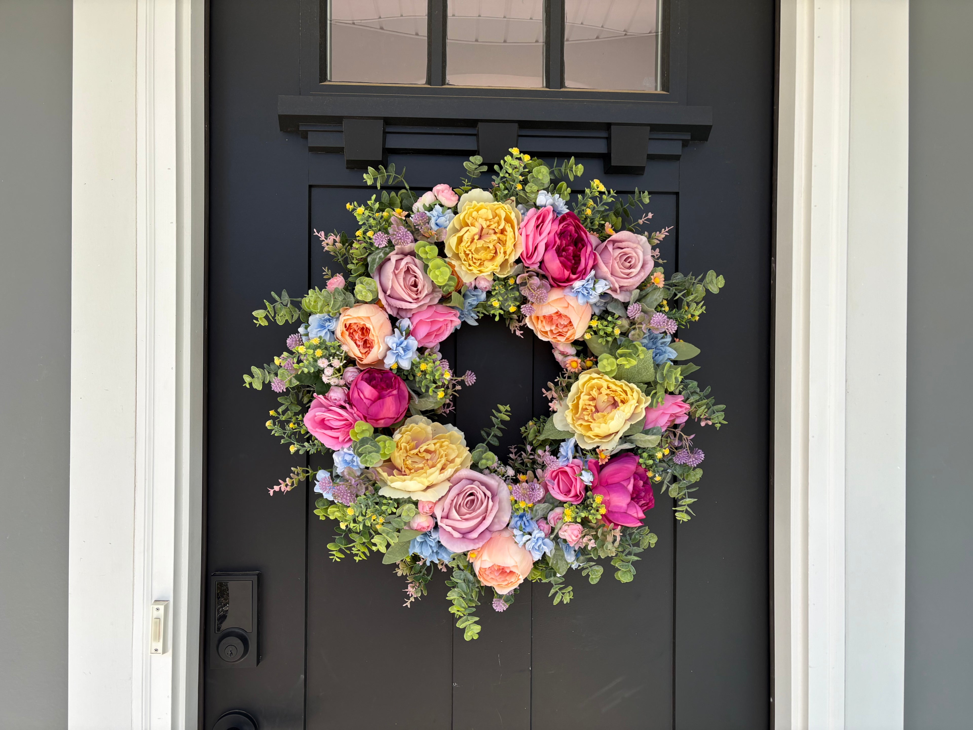 Front Door Wreath for Spring, Pastel Rainbow Artificial Flowers with Eucalyptus