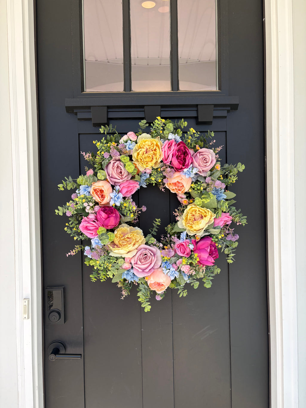 Front Door Wreath for Spring, Pastel Rainbow Artificial Flowers with Eucalyptus