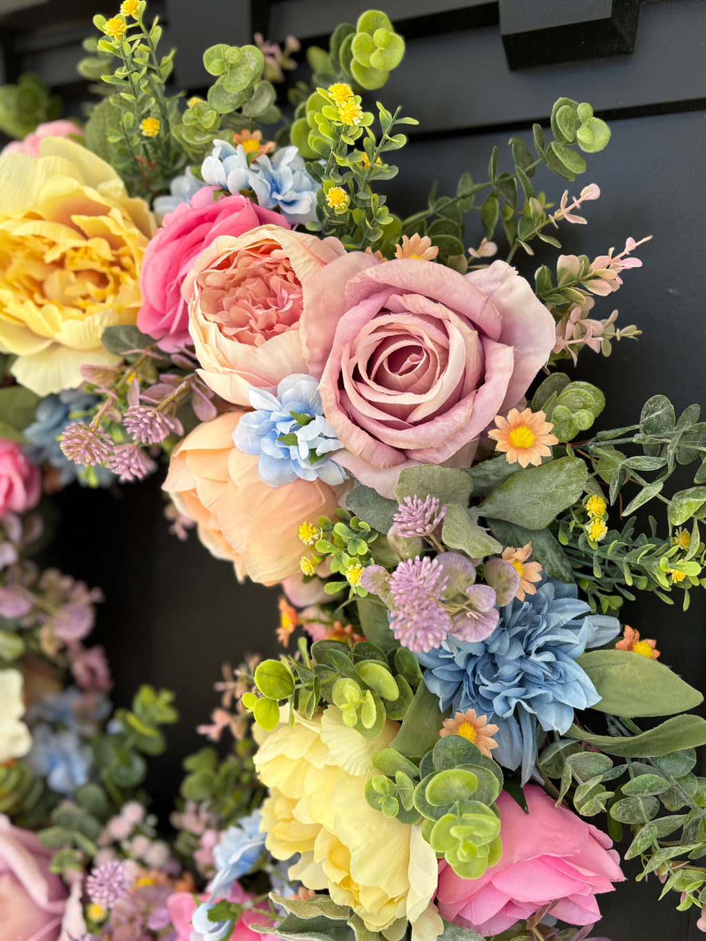 Front Door Wreath for Spring, Pastel Rainbow Artificial Flowers with Eucalyptus