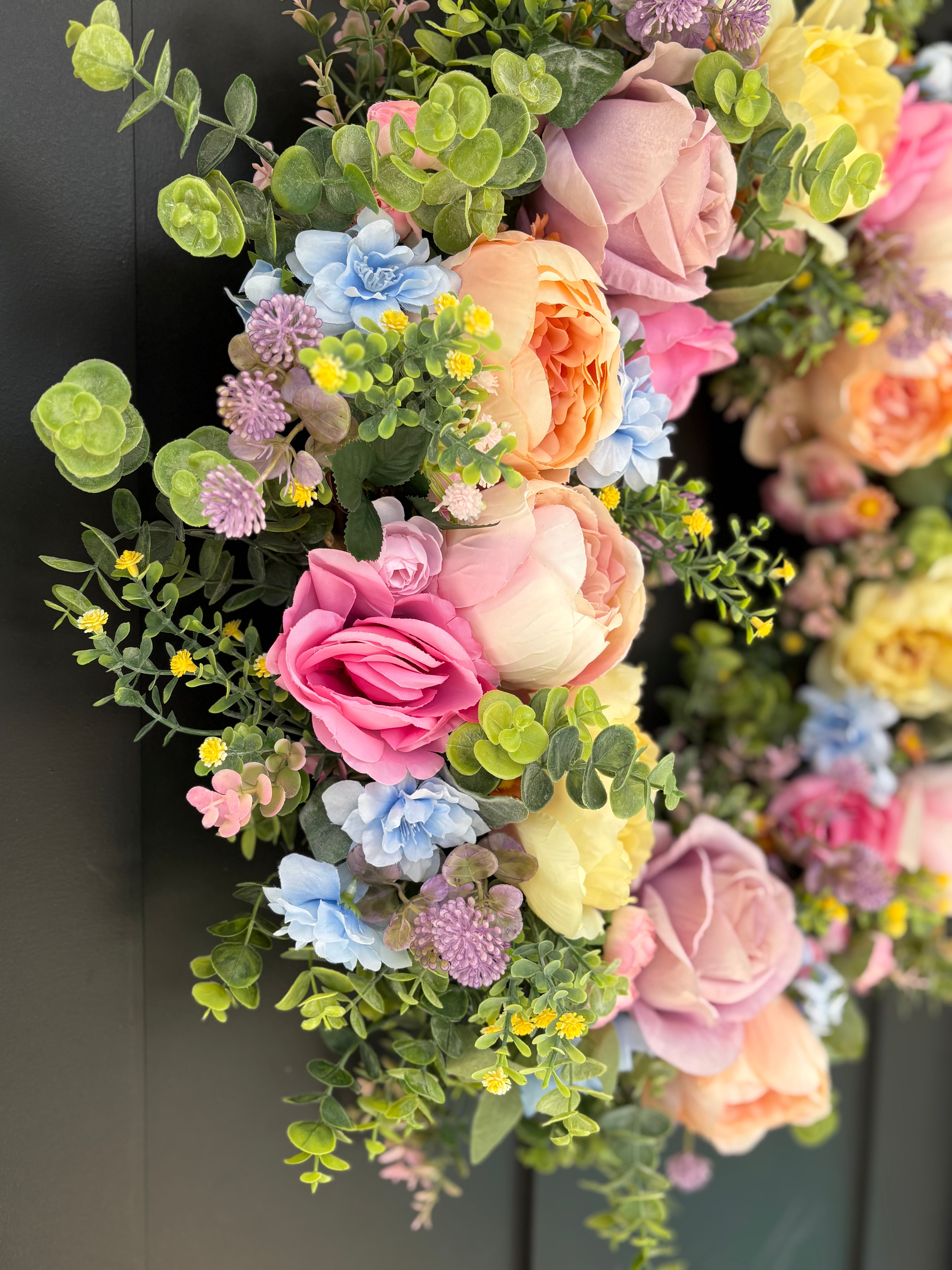 Front Door Wreath for Spring, Pastel Rainbow Artificial Flowers with Eucalyptus