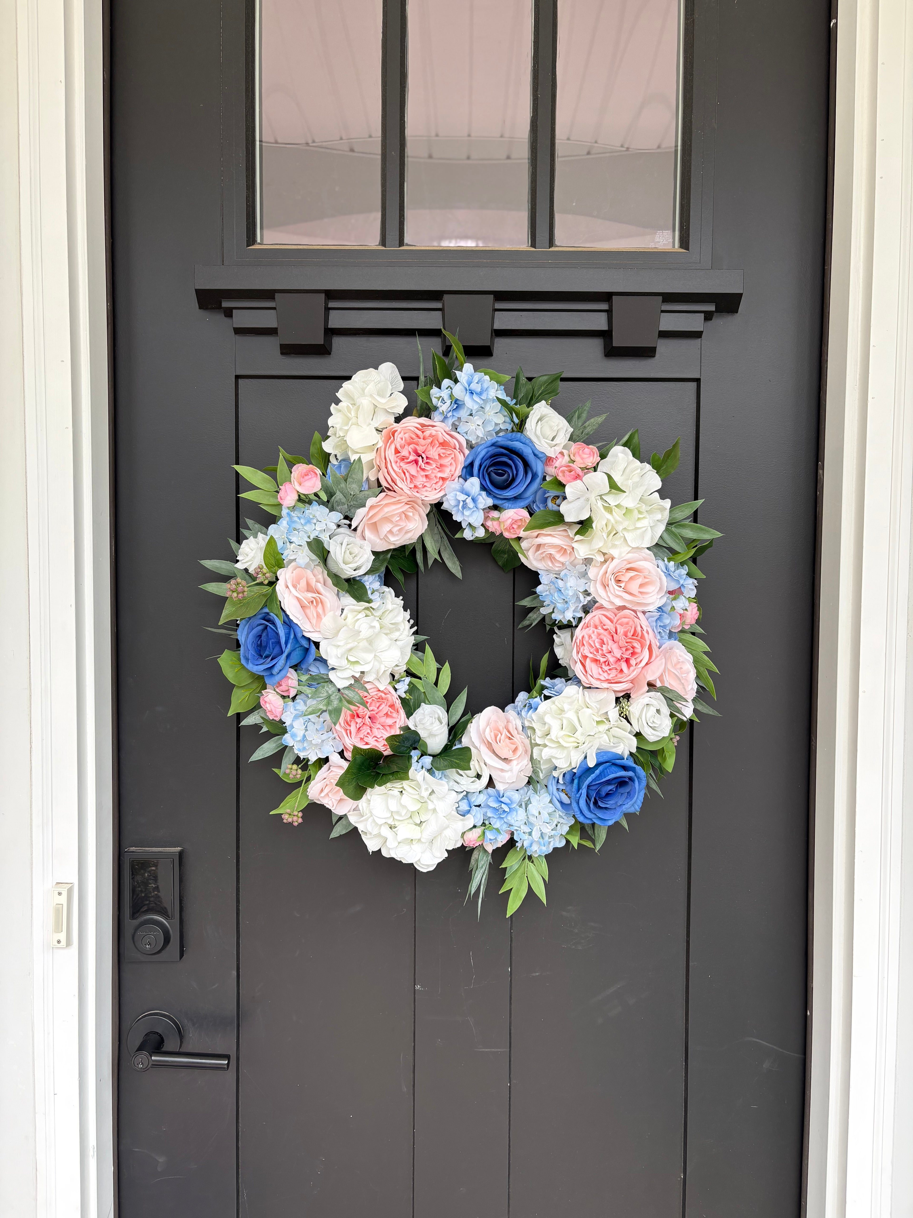Spring Outdoor Wreath, Pink and Blue Rose Hydrangea Easter Decor