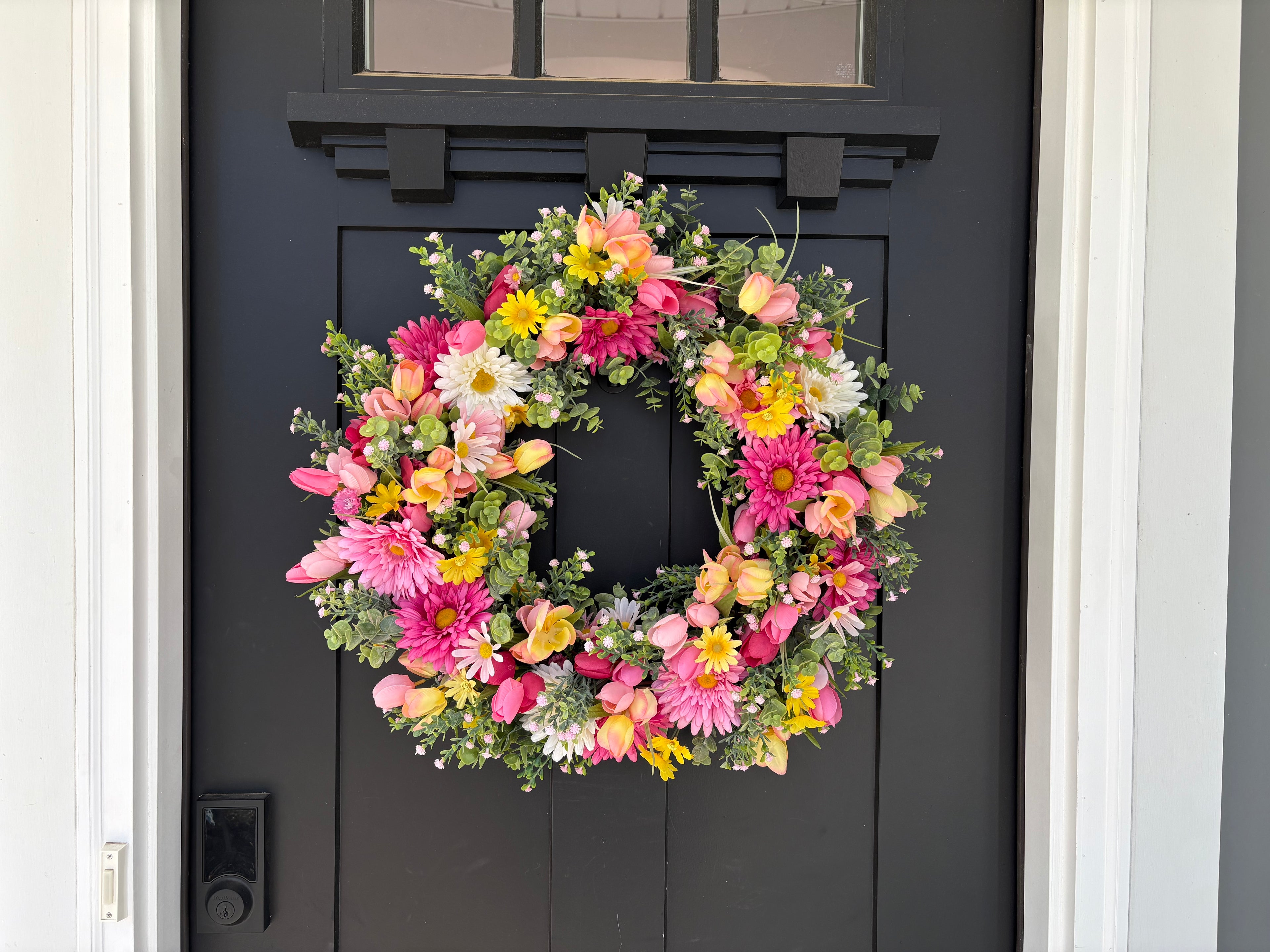 Easter Wreath with Daisies and Tulips Front Door for Spring, Artificial Flowers Eucalyptus