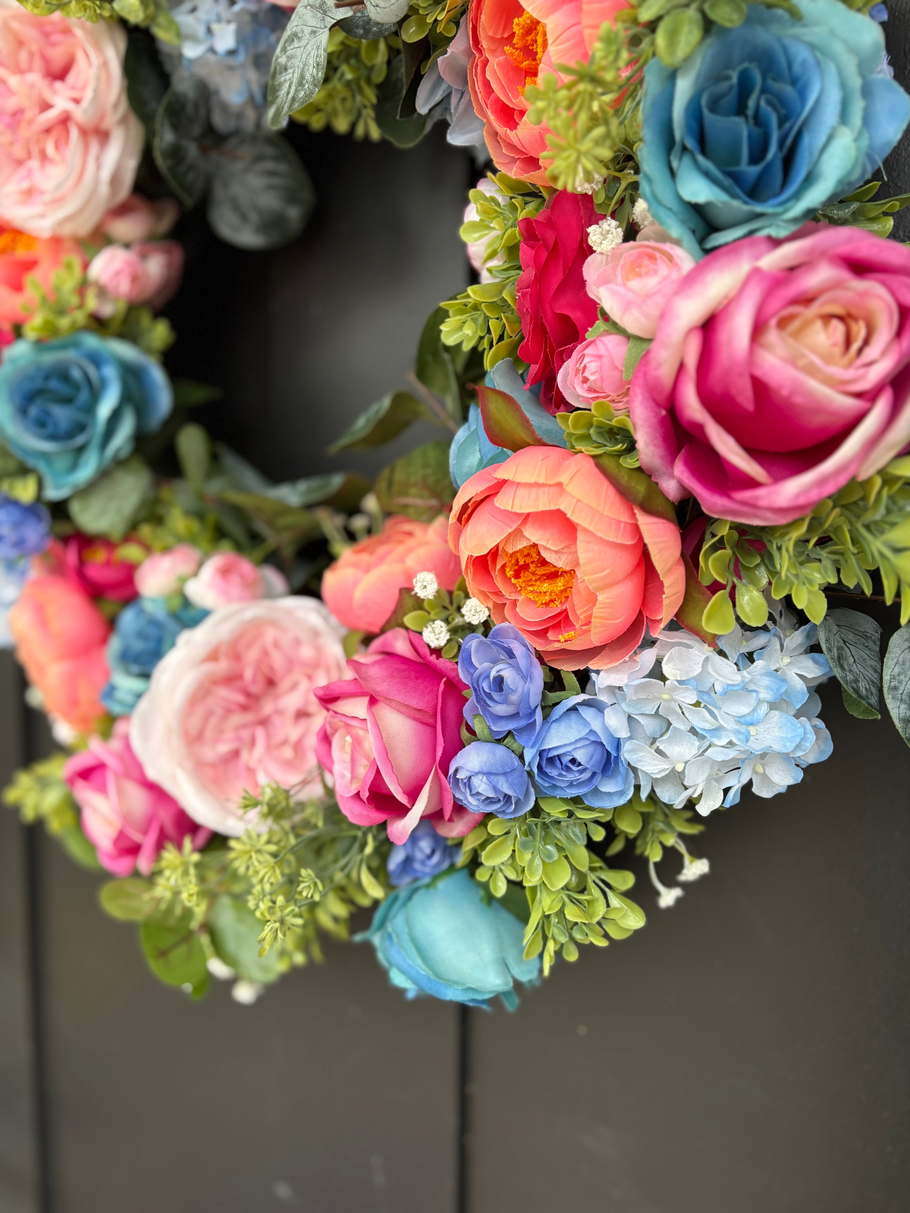 Pink Wreath with Teal, Rose Summer Door Decor, Interior Entryway Maximalist Styling