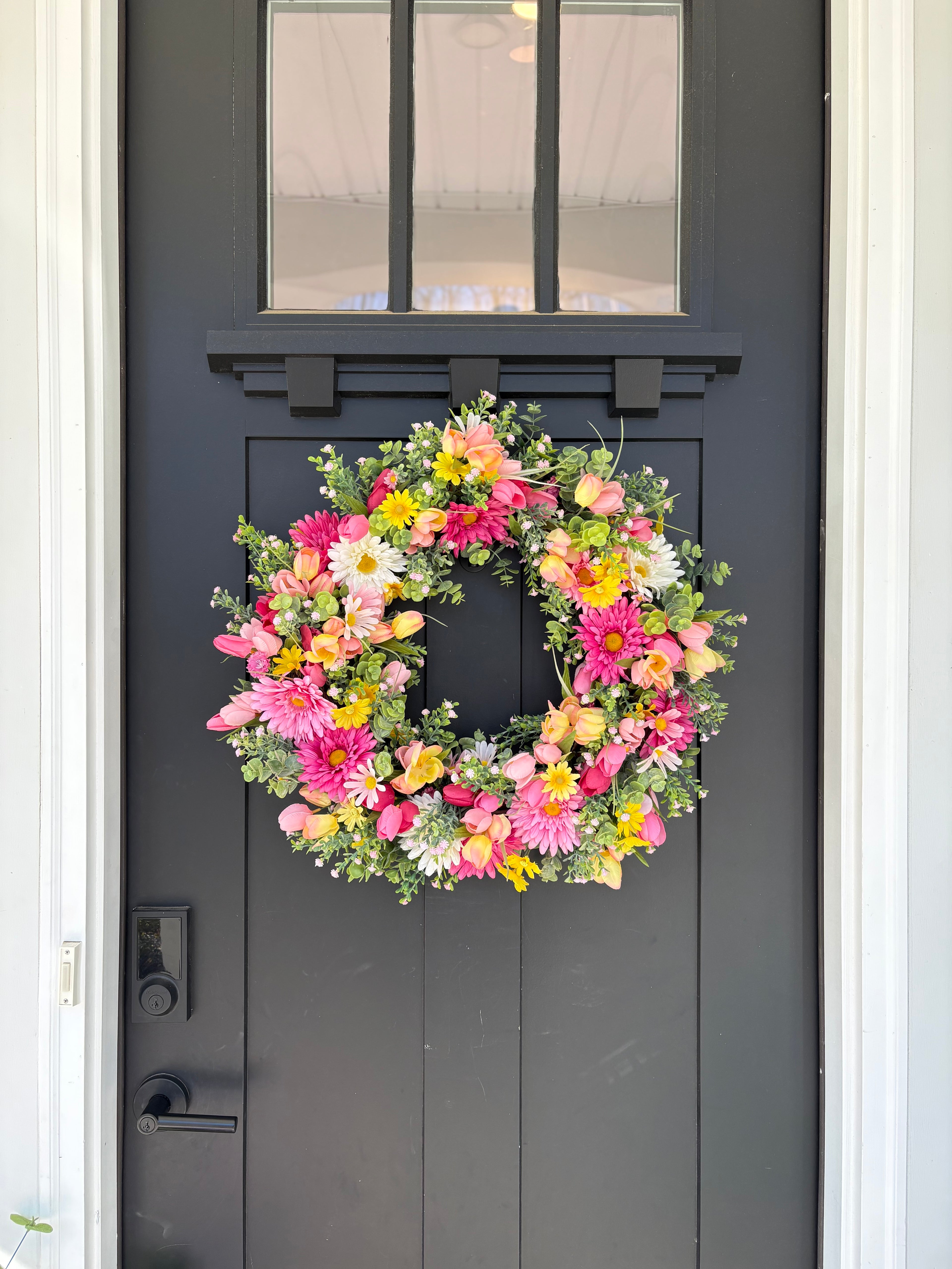 Easter Wreath with Daisies and Tulips Front Door for Spring, Artificial Flowers Eucalyptus