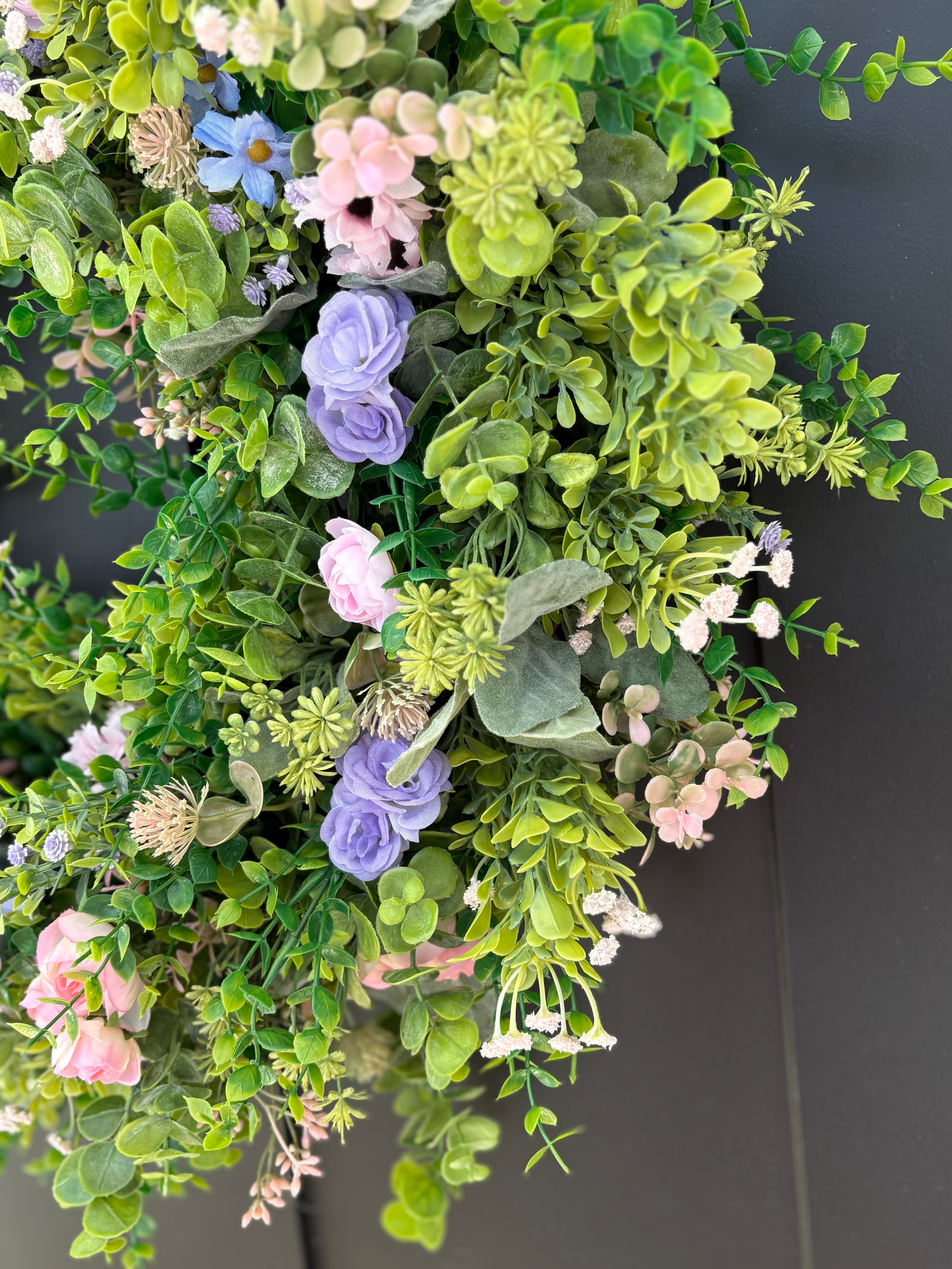 Cottagecore Wildflower Wreath for Front Door, Boxwood Eucalyptus Spring Mixed Greenery