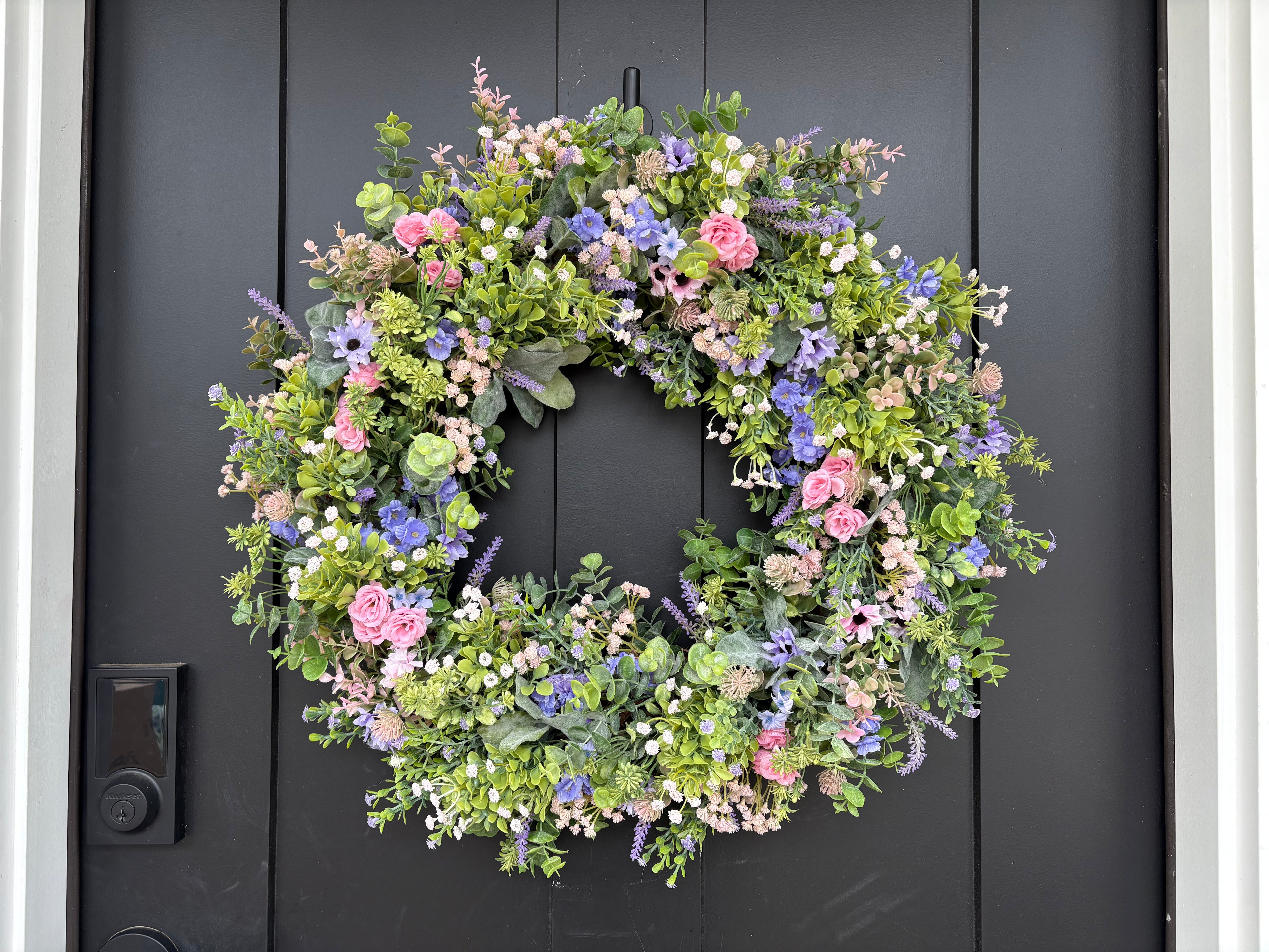 Cottagecore Wildflower Wreath for Front Door, Boxwood Eucalyptus Spring Mixed Greenery