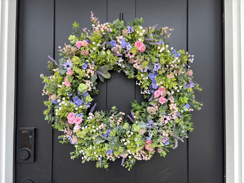 Cottagecore Wildflower Wreath for Front Door, Boxwood Eucalyptus Spring Mixed Greenery