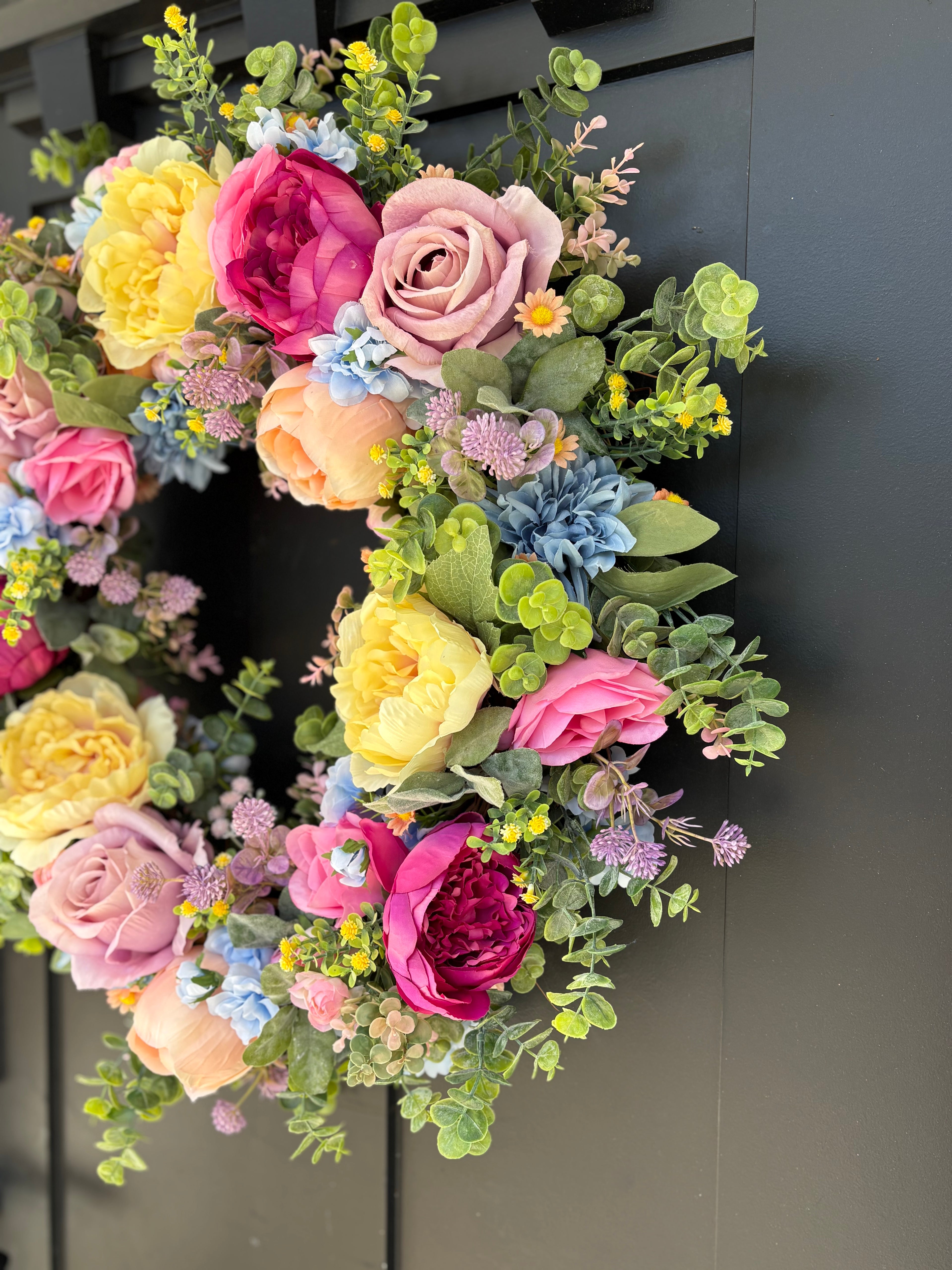 Front Door Wreath for Spring, Pastel Rainbow Artificial Flowers with Eucalyptus