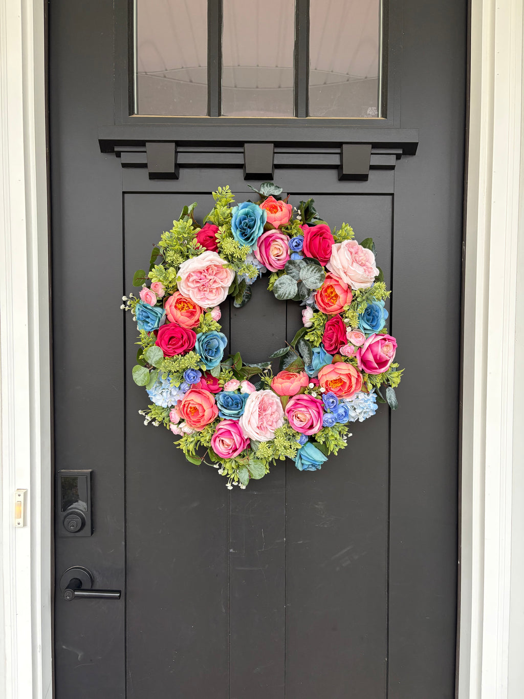 Pink Wreath with Teal, Rose Summer Door Decor, Interior Entryway Maximalist Styling