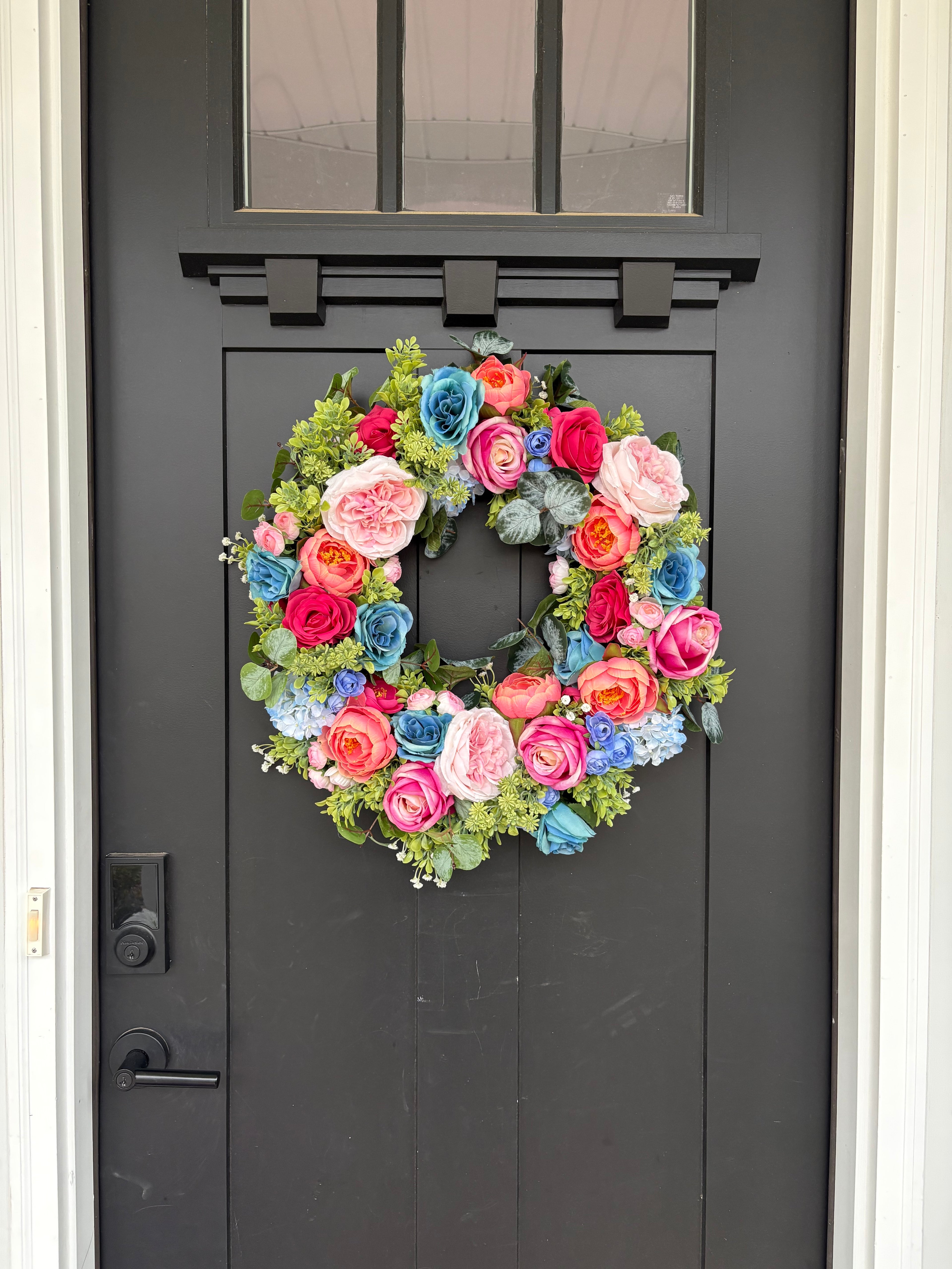 Pink Wreath with Teal, Rose Summer Door Decor, Interior Entryway Maximalist Styling