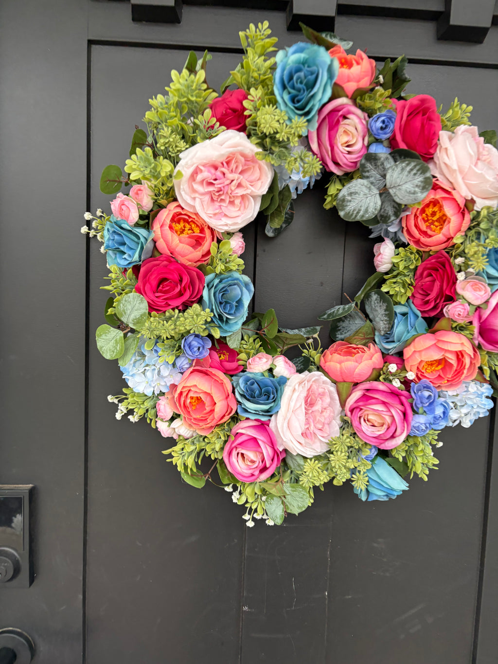 Pink Wreath with Teal, Rose Summer Door Decor, Interior Entryway Maximalist Styling