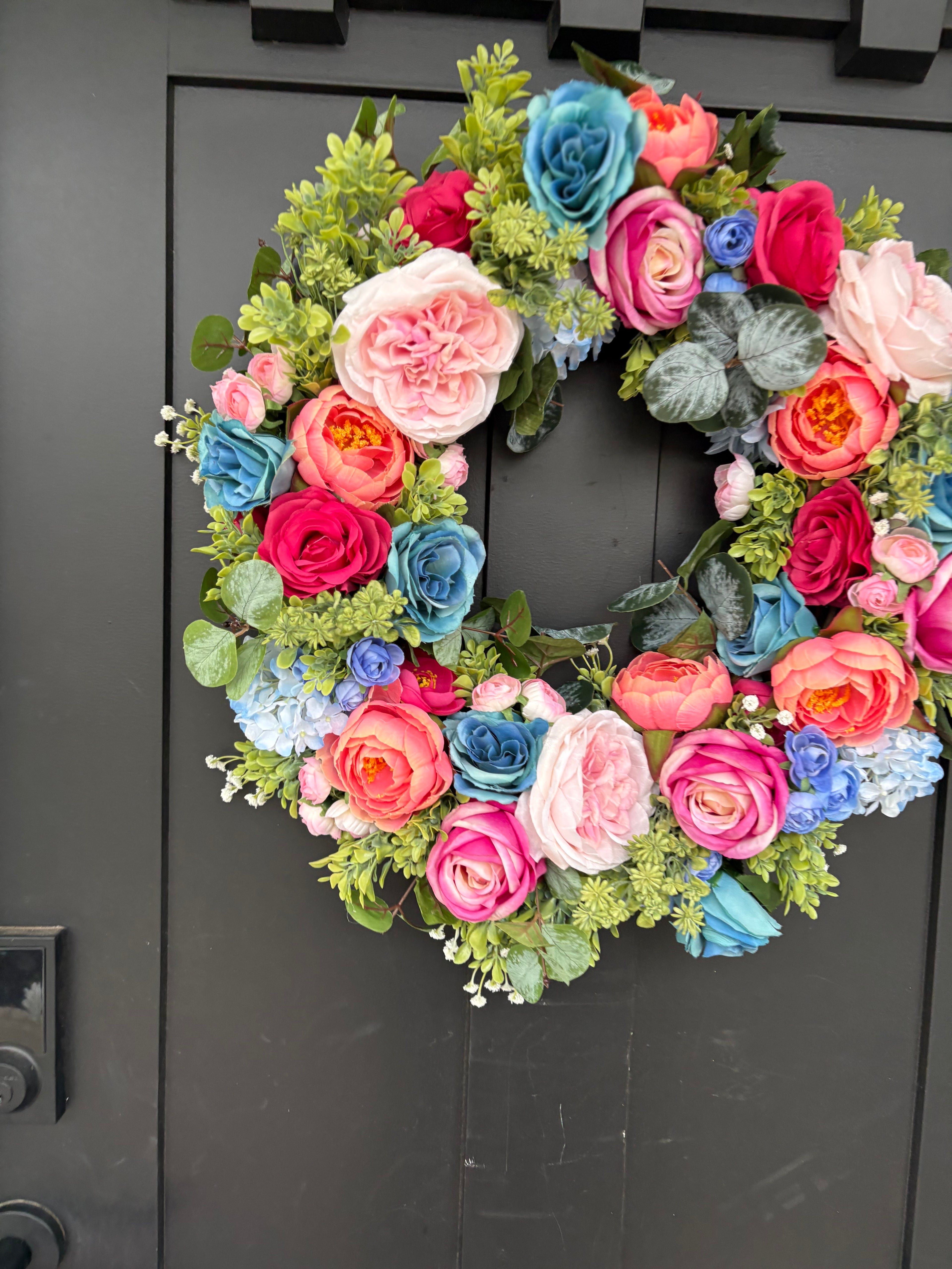 Pink Wreath with Teal, Rose Summer Door Decor, Interior Entryway Maximalist Styling