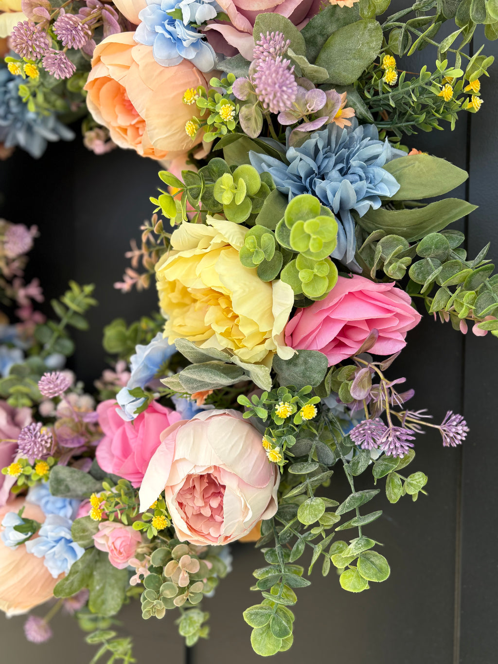 Front Door Wreath for Spring, Pastel Rainbow Artificial Flowers with Eucalyptus