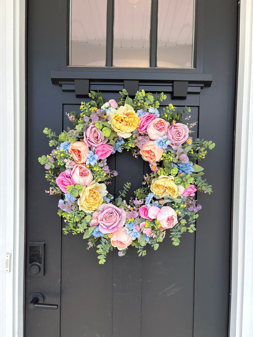 Front Door Wreath for Spring, Pastel Rainbow Artificial Flowers with Eucalyptus