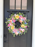 Front Door Wreath for Spring, Pastel Rainbow Artificial Flowers with Eucalyptus