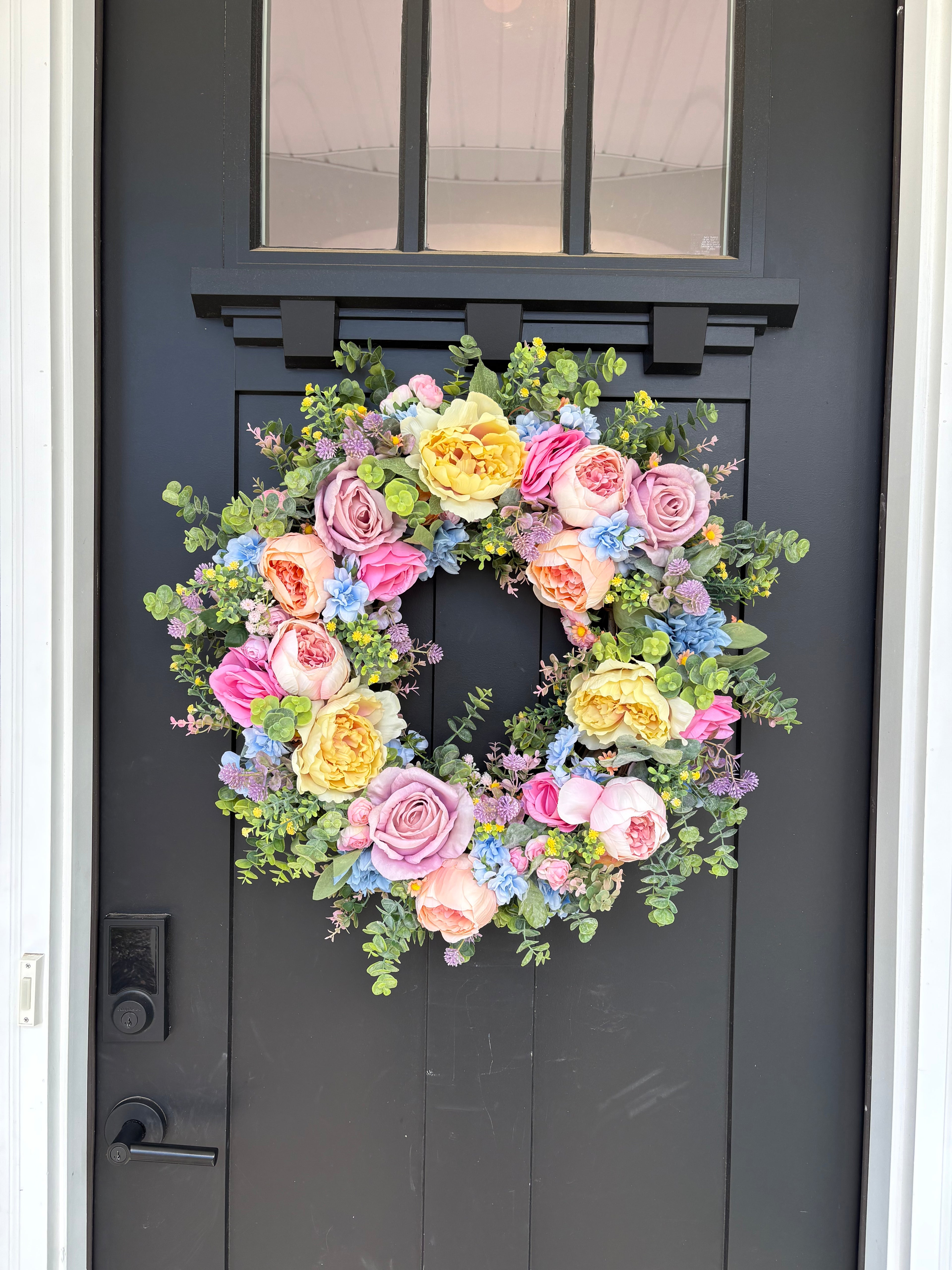 Front Door Wreath for Spring, Pastel Rainbow Artificial Flowers with Eucalyptus