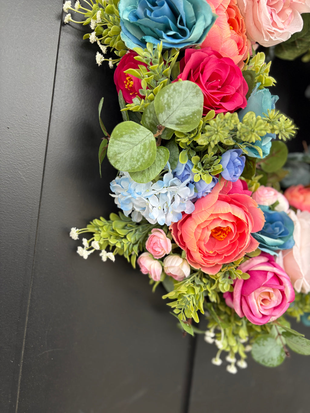 Pink Wreath with Teal, Rose Summer Door Decor, Interior Entryway Maximalist Styling