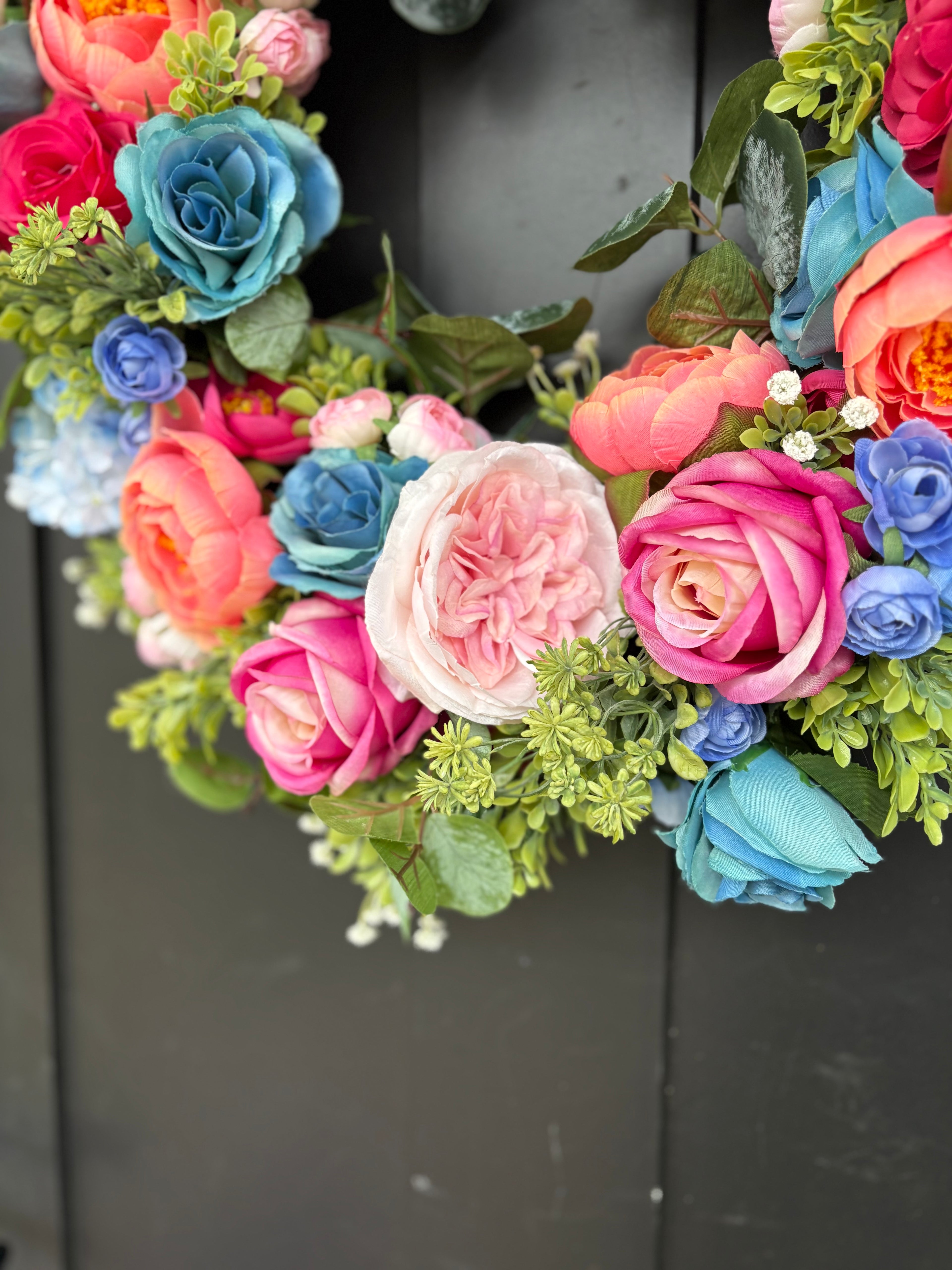 Pink Wreath with Teal, Rose Summer Door Decor, Interior Entryway Maximalist Styling