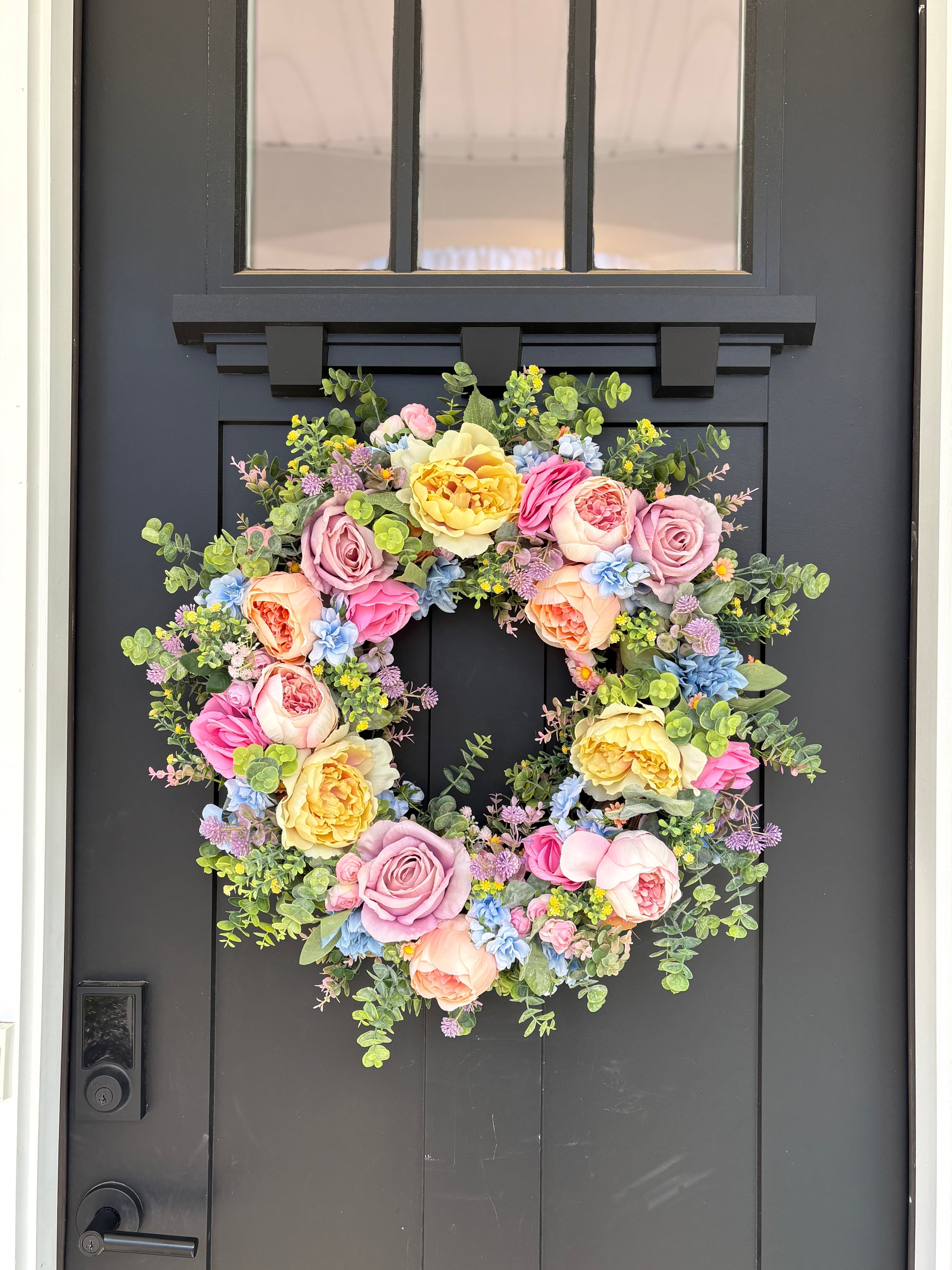 Front Door Wreath for Spring, Pastel Rainbow Artificial Flowers with Eucalyptus