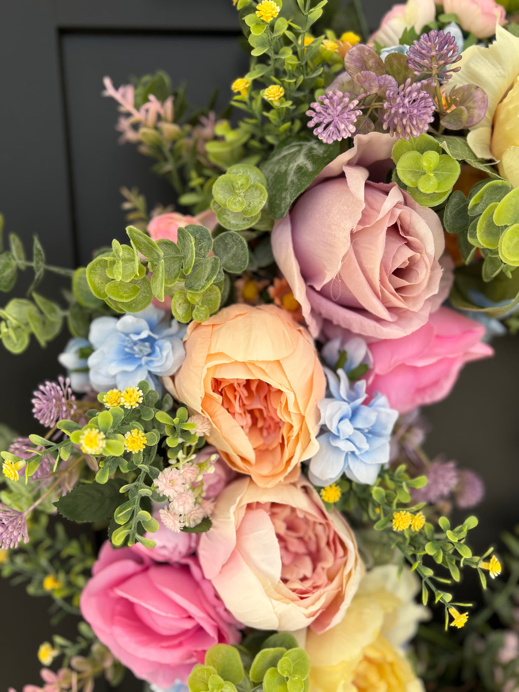 Front Door Wreath for Spring, Pastel Rainbow Artificial Flowers with Eucalyptus