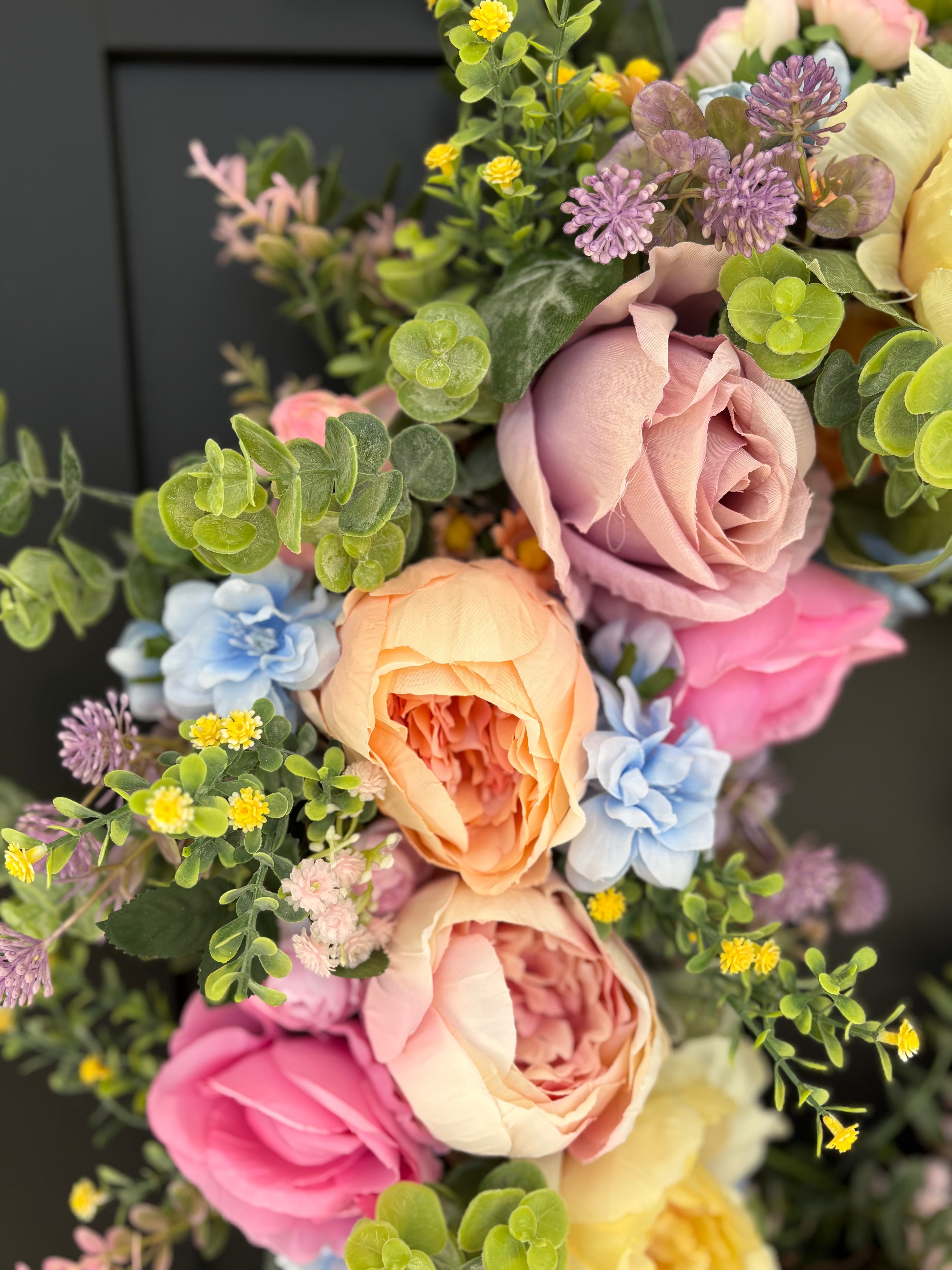 Front Door Wreath for Spring, Pastel Rainbow Artificial Flowers with Eucalyptus