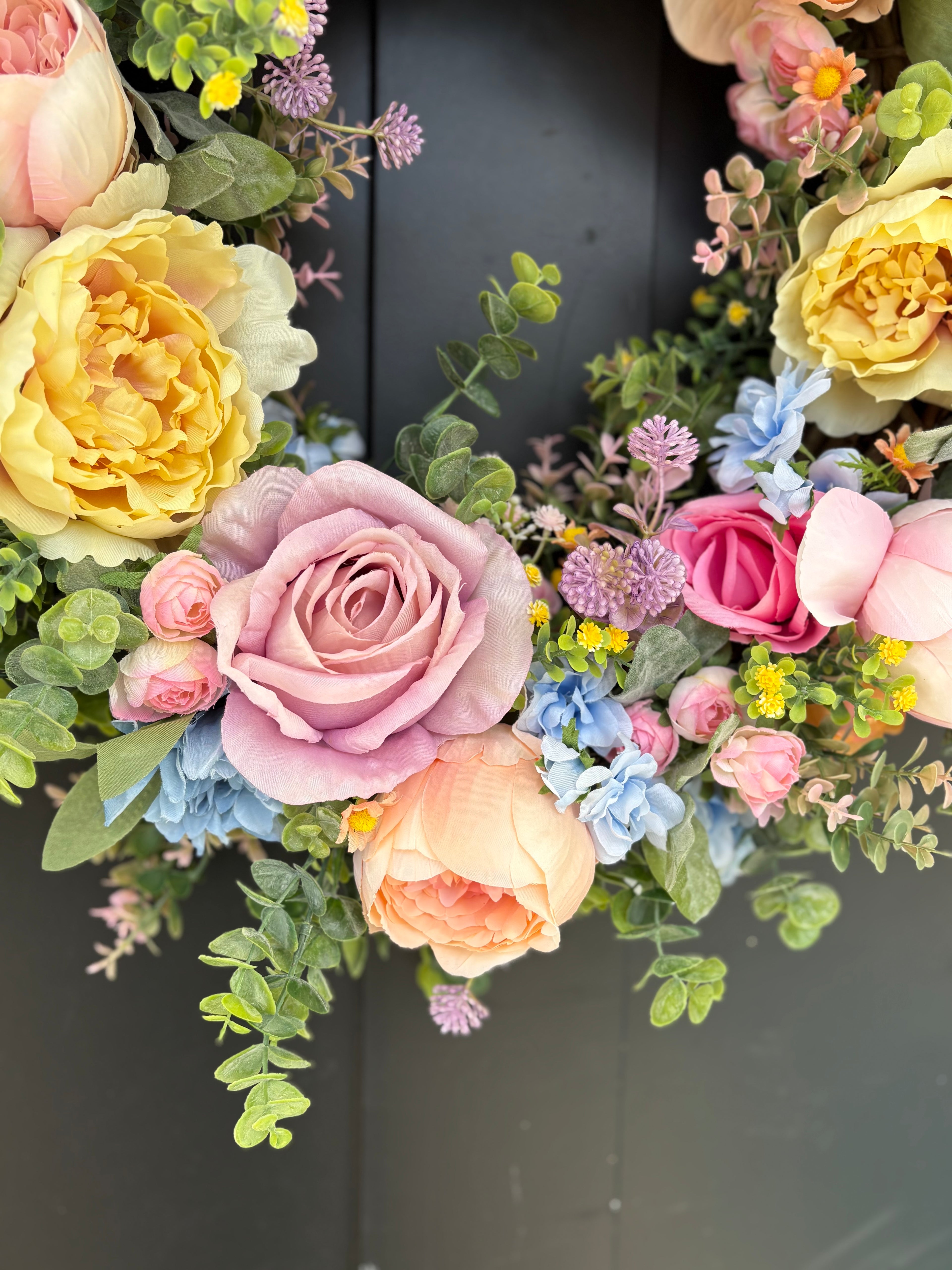 Front Door Wreath for Spring, Pastel Rainbow Artificial Flowers with Eucalyptus