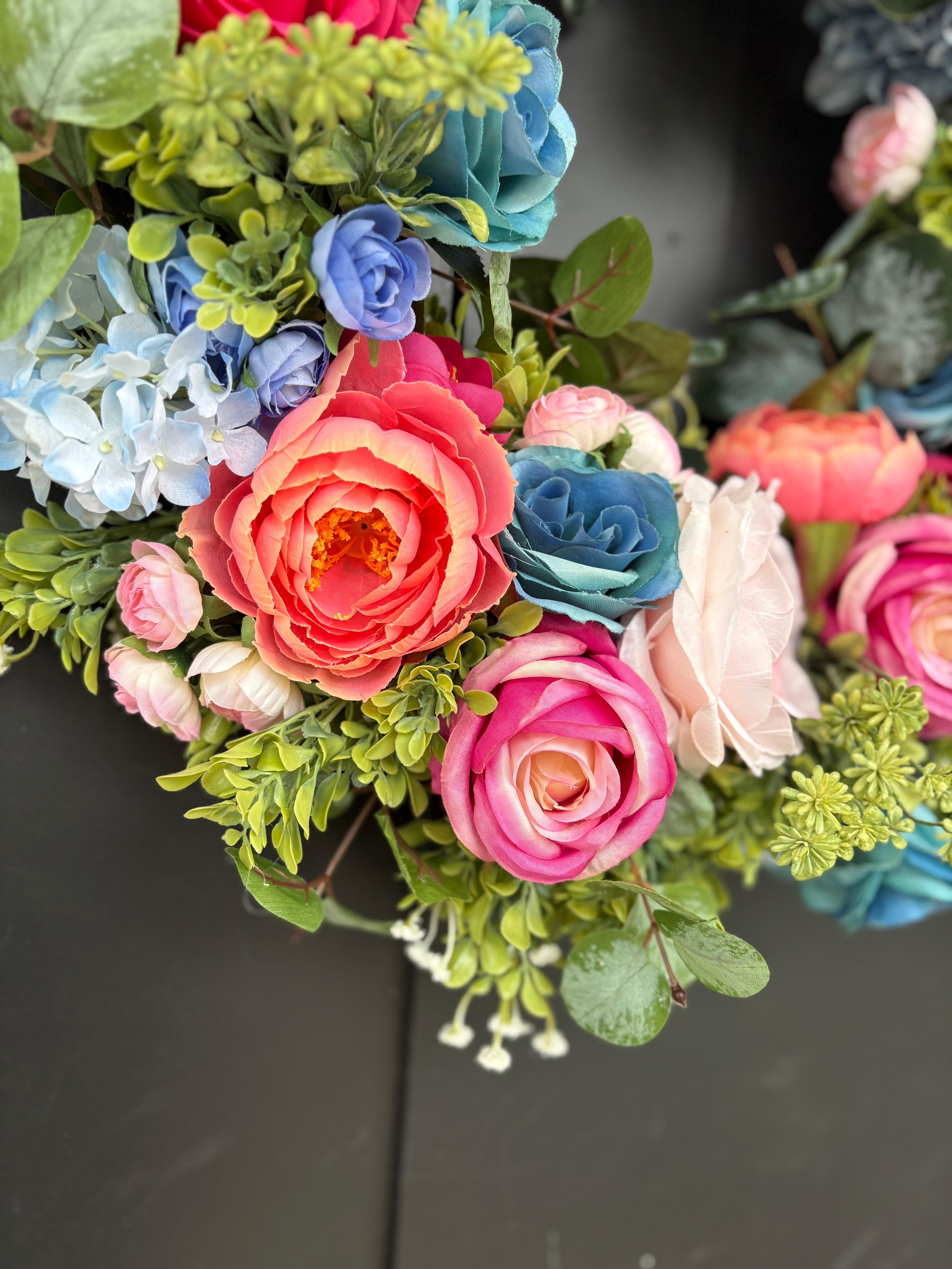 Pink Wreath with Teal, Rose Summer Door Decor, Interior Entryway Maximalist Styling