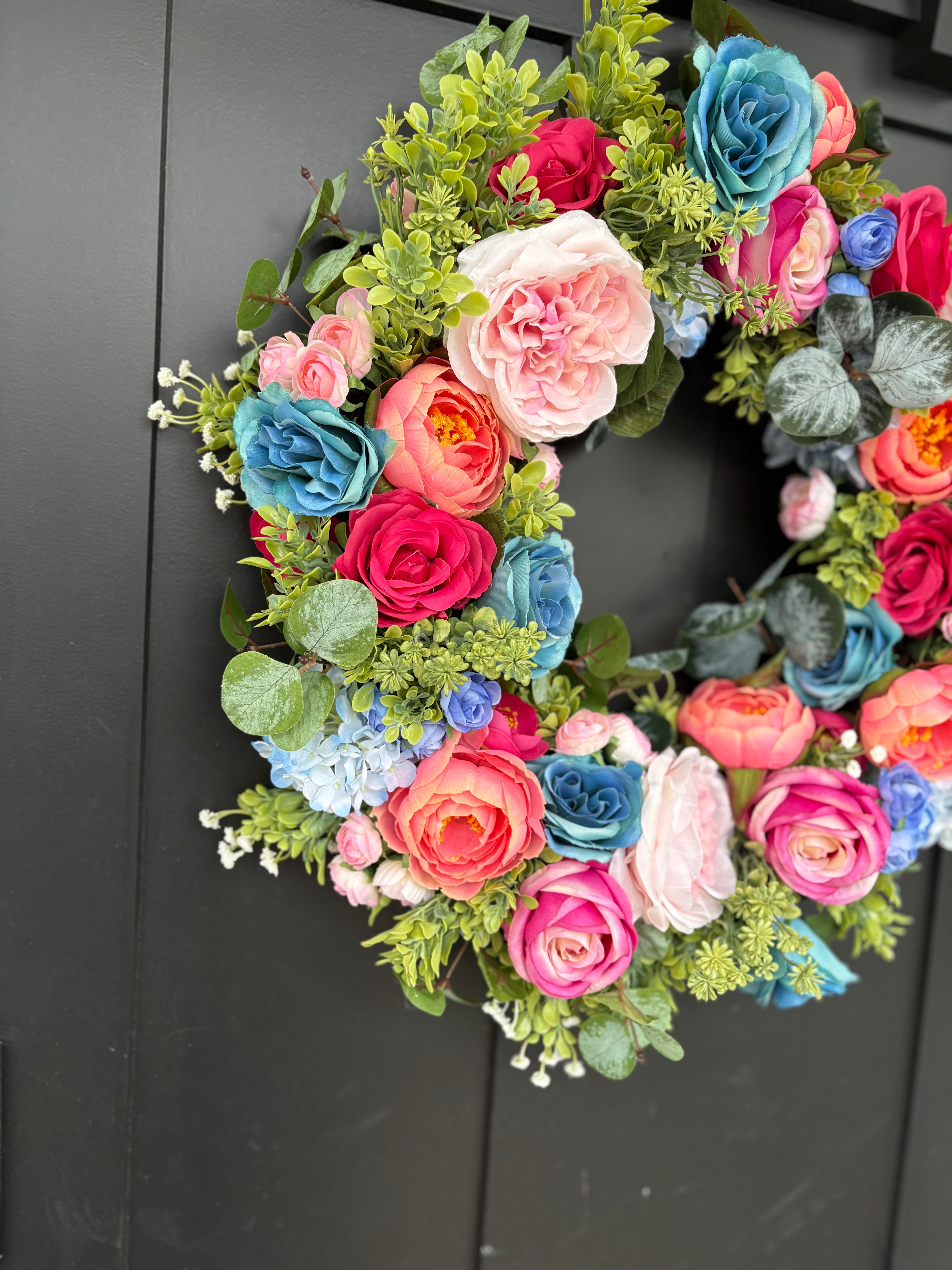 Pink Wreath with Teal, Rose Summer Door Decor, Interior Entryway Maximalist Styling