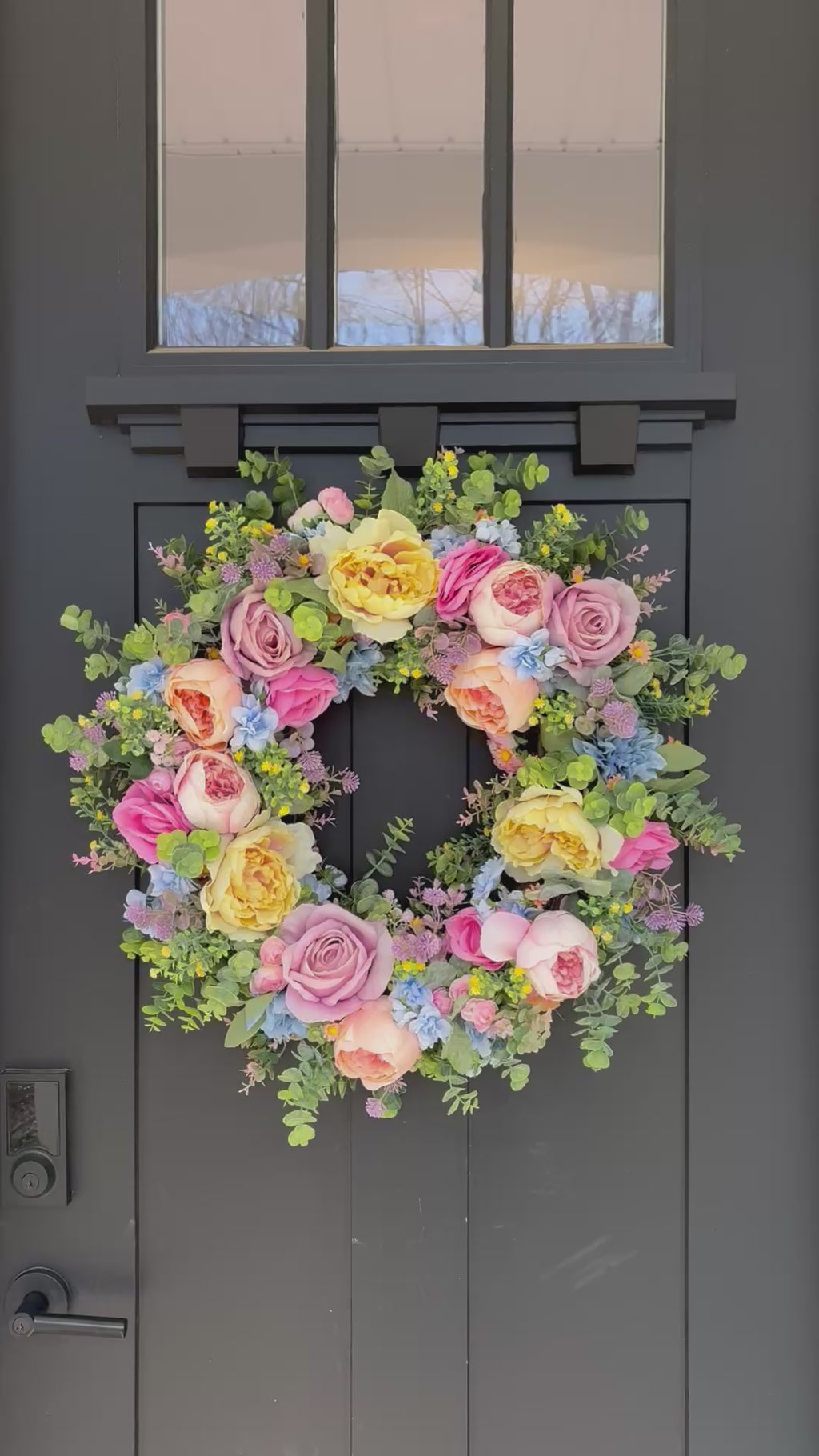 Front Door Wreath for Spring, Pastel Rainbow Artificial Flowers with Eucalyptus