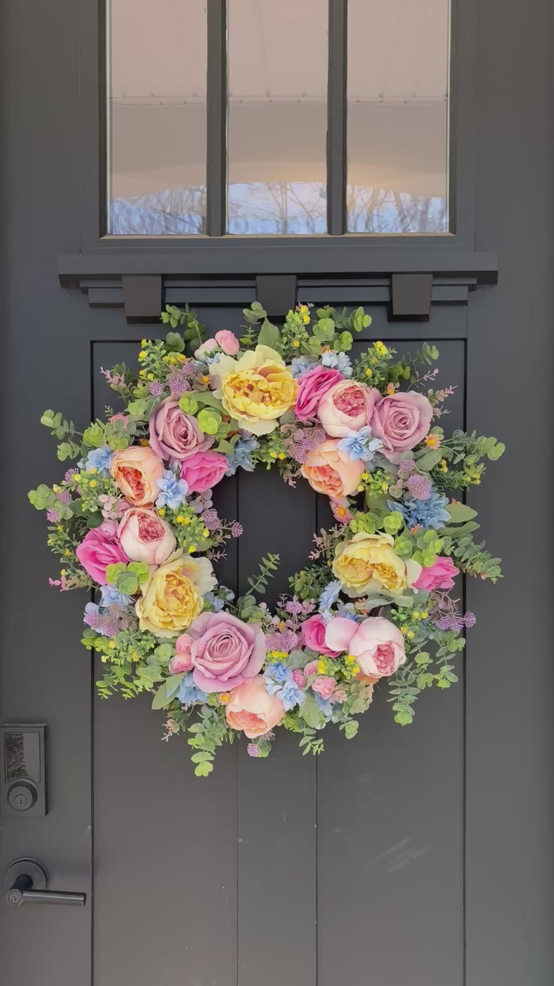 Front Door Wreath for Spring, Pastel Rainbow Artificial Flowers with Eucalyptus