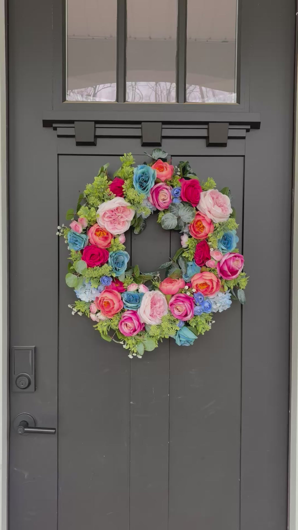 Pink Wreath with Teal, Rose Summer Door Decor, Interior Entryway Maximalist Styling